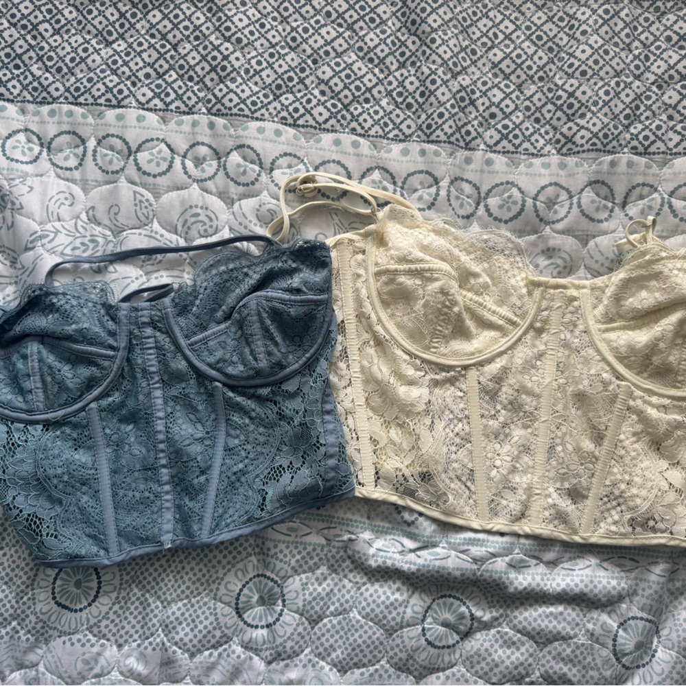Blue and Cream Corset Tank Tops with Sweetheart Neckline